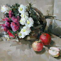 Натюрморт с хризантемами и яблоками